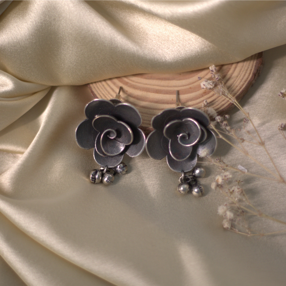 Handcrafted Silver Rose Earrings with Bells