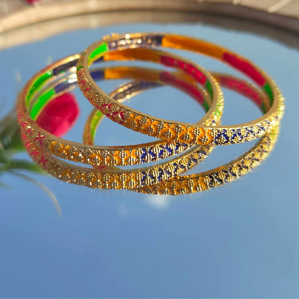 Colorful Gold Plated Bangles Set with Intricate Patterns - Traditional Indian Jewelry