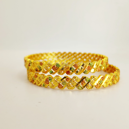 Gold-Plated Textured Bangles with Colorful Floral Design for Festive and Traditional Wear