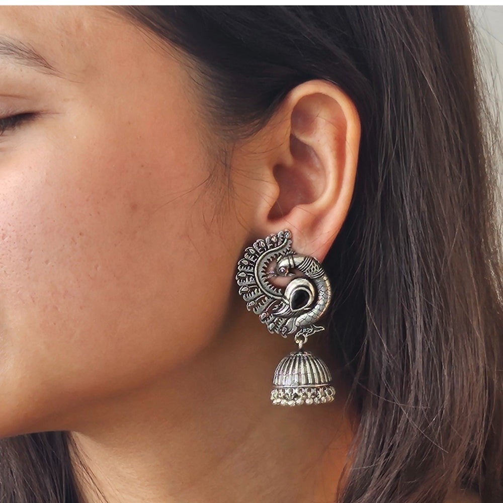 Antique Silver Peacock Jhumka Earrings - Traditional Indian Ethnic Jewelry