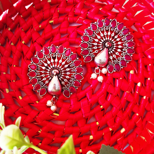 Red Stone Studded Earrings with Pearl Drops - Traditional Indian Ethnic Jewelry