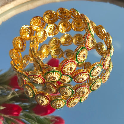 Gold-Plated Multicolor Bangles with Enamel and Stone Detailing for Traditional and Festive Occasions