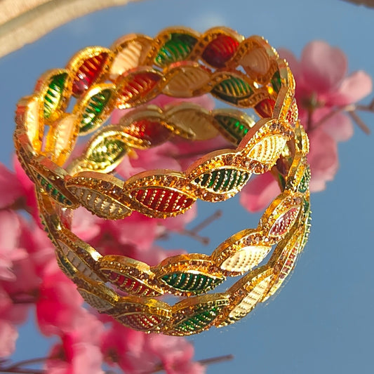 Gold-Plated Multicolor Enamel Bangles with Stone Embellishments for Festive and Traditional Wear