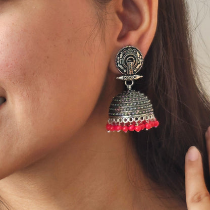 Antique Silver Jhumka Earrings with Red Beads - Traditional Indian Ethnic Jewelry