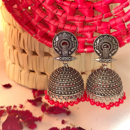 Antique Silver Jhumka Earrings with Red Beads - Traditional Indian Ethnic Jewelry