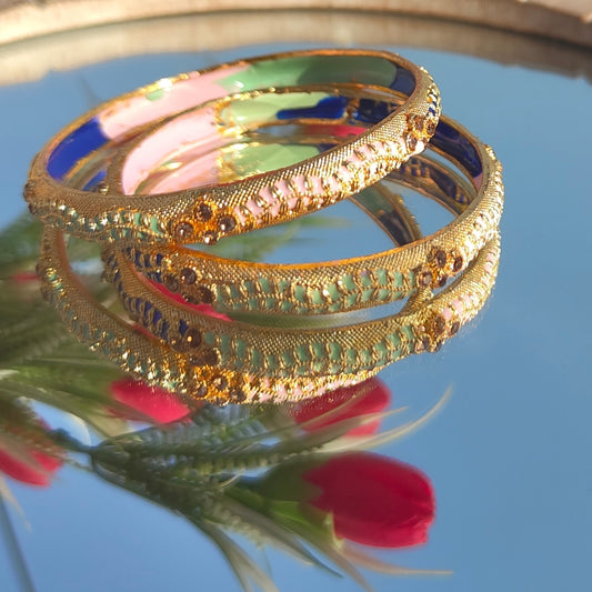 Gold-Plated Colorful Enamel Bangles with Stone Embellishments for Traditional and Festive Wear