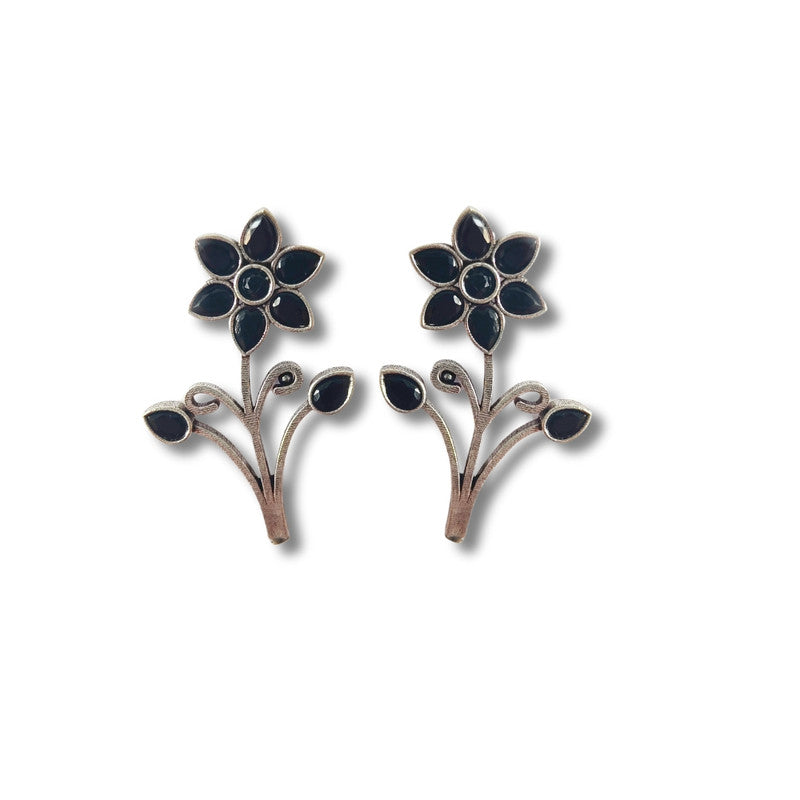 Black Floral Earrings with Silver Accents - Elegant Handmade Jewelry