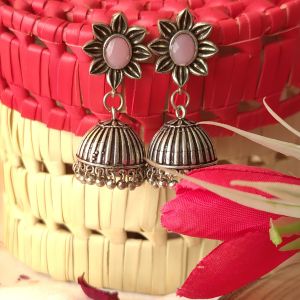 Pink Stone Floral Jhumka Earrings - Traditional Indian Ethnic Jewelry