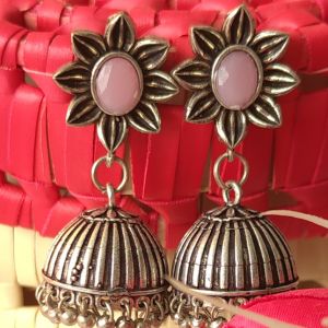 Pink Stone Floral Jhumka Earrings - Traditional Indian Ethnic Jewelry