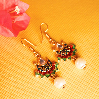 Traditional Peacock Design Earrings with Enamel and Pearl Accents for Festive Wear