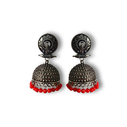 Antique Silver Jhumka Earrings with Red Beads - Traditional Indian Ethnic Jewelry