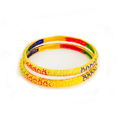 Colorful Gold Plated Bangles Set with Intricate Patterns - Traditional Indian Jewelry