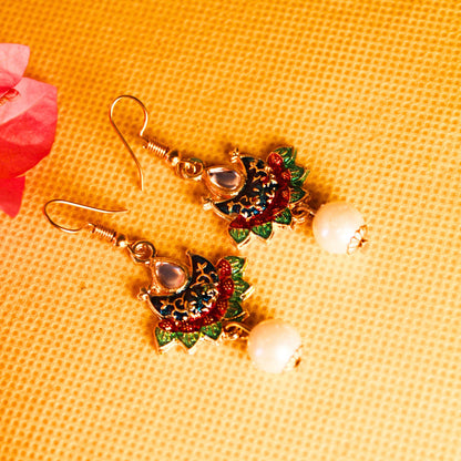 Traditional Peacock Design Earrings with Enamel and Pearl Accents for Festive Wear