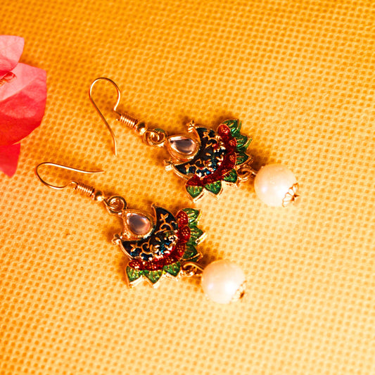 Traditional Peacock Design Earrings with Enamel and Pearl Accents for Festive Wear