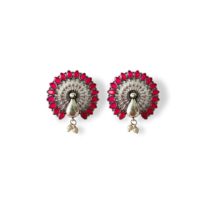 Red Stone Studded Earrings with Pearl Drops - Traditional Indian Ethnic Jewelry