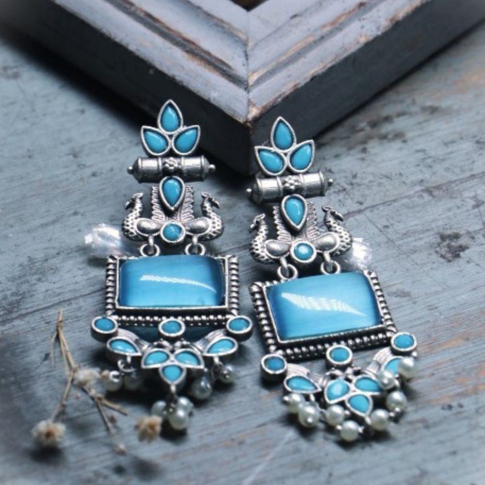 Handcrafted Oxidized Blue Stone Earrings