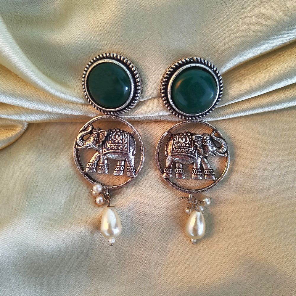 Green Stone Earrings with Elephant Motif and Pearl Drops - Traditional Indian Ethnic Jewelry