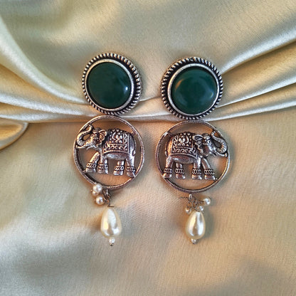 Green Stone Earrings with Elephant Motif and Pearl Drops - Traditional Indian Ethnic Jewelry