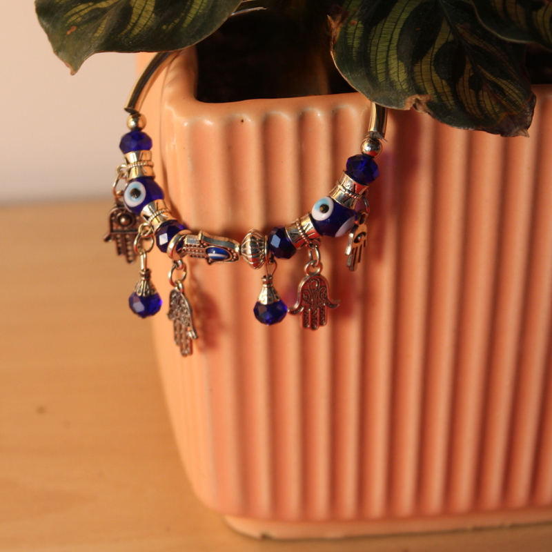 Blue Beaded Bracelet with Hamsa Hand Charms and Evil Eye - Protection Jewelry