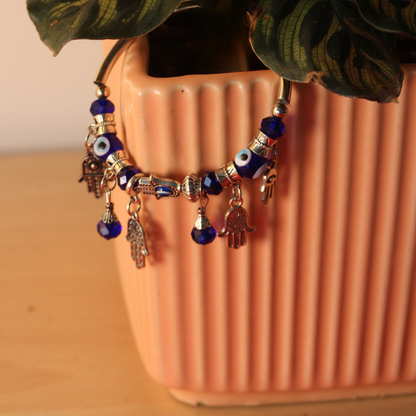 Blue Beaded Bracelet with Hamsa Hand Charms and Evil Eye - Protection Jewelry