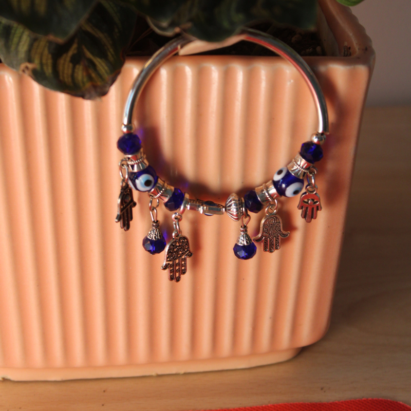 Blue Beaded Bracelet with Hamsa Hand Charms and Evil Eye - Protection Jewelry