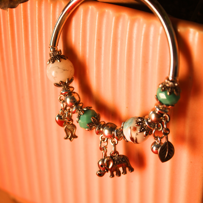 Green and White Beaded Bracelet with Elephant and Nature Charms - Handmade Boho Jewelry