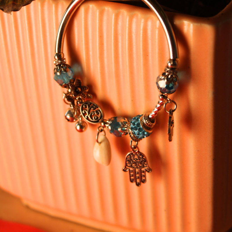 Blue Beaded Bracelet with Hamsa Hand and Key Charms - Bohemian Style Handmade Jewelry