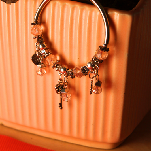 Pink Crystal Beaded Bracelet with Key and Heart Charms - Elegant Handmade Jewelry