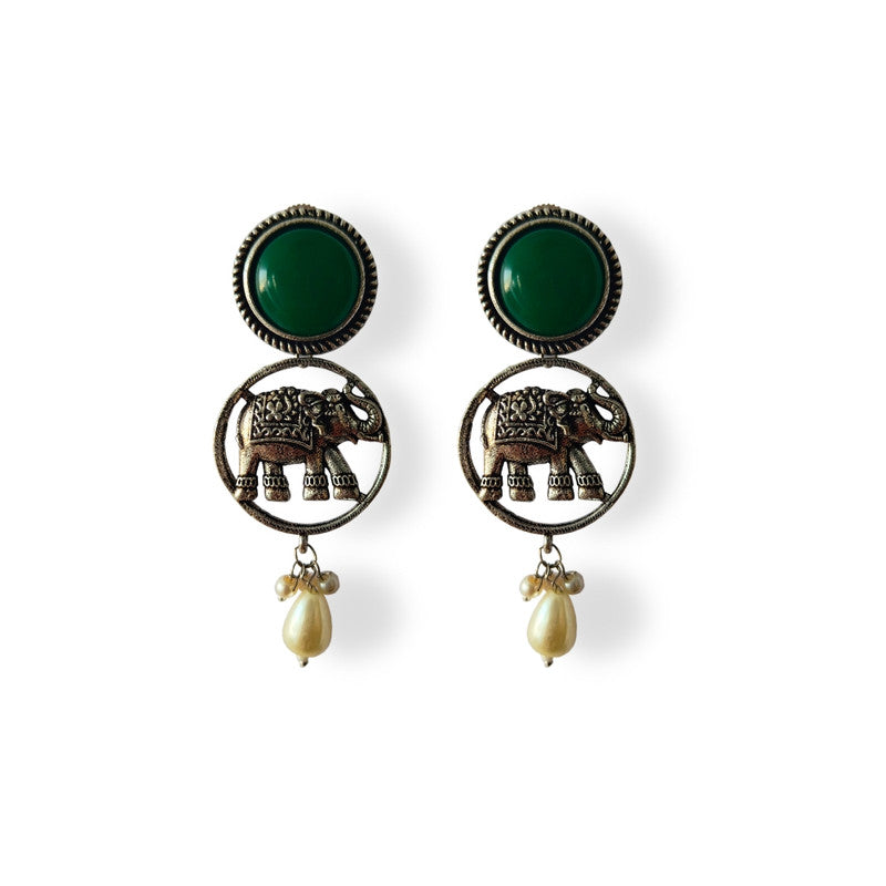 Green Stone Earrings with Elephant Motif and Pearl Drops - Traditional Indian Ethnic Jewelry