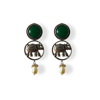 Green Stone Earrings with Elephant Motif and Pearl Drops - Traditional Indian Ethnic Jewelry