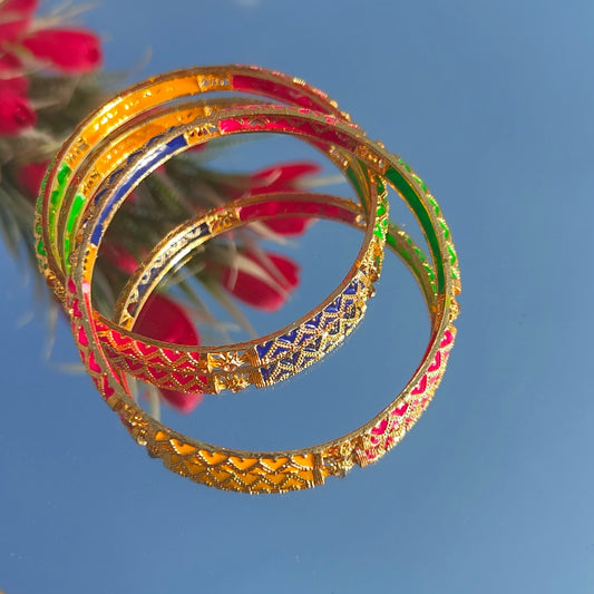 Multicolor Enamel Gold-Plated Bangle with Intricate Design for Traditional and Festive Wear