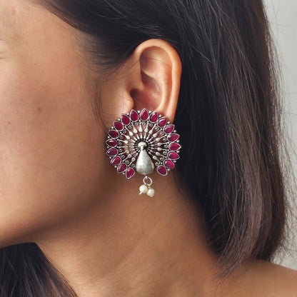 Red Stone Studded Earrings with Pearl Drops - Traditional Indian Ethnic Jewelry