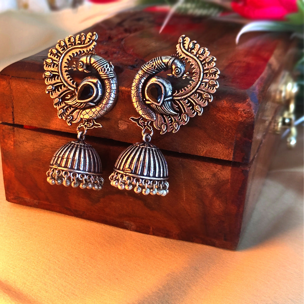 Antique Silver Peacock Jhumka Earrings - Traditional Indian Ethnic Jewelry