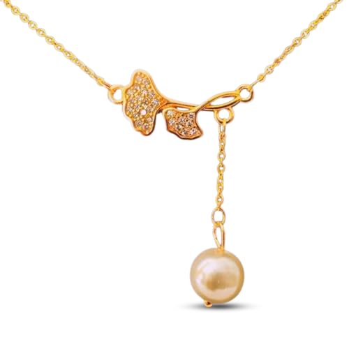 Pearl and Leaf Rose Gold Pendant Necklace with Diamond Accents