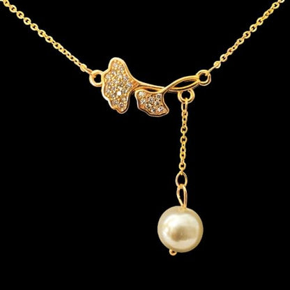 Pearl and Leaf Rose Gold Pendant Necklace with Diamond Accents