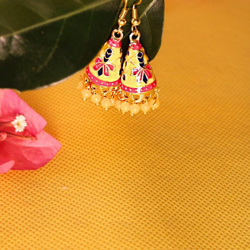 Colorful Enamel Jhumka Earrings with Pearl Beads for Festive and Traditional Attire