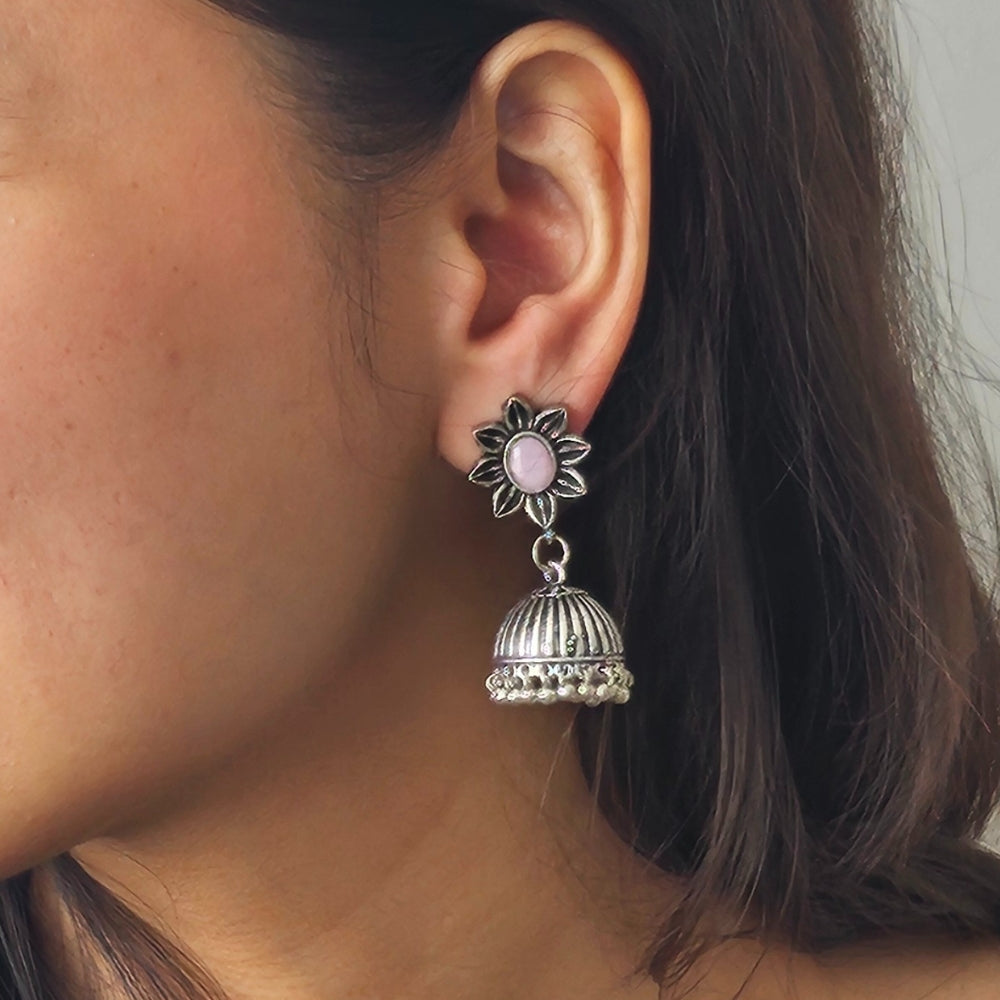 Pink Stone Floral Jhumka Earrings - Traditional Indian Ethnic Jewelry