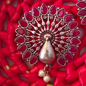 Red Stone Studded Earrings with Pearl Drops - Traditional Indian Ethnic Jewelry