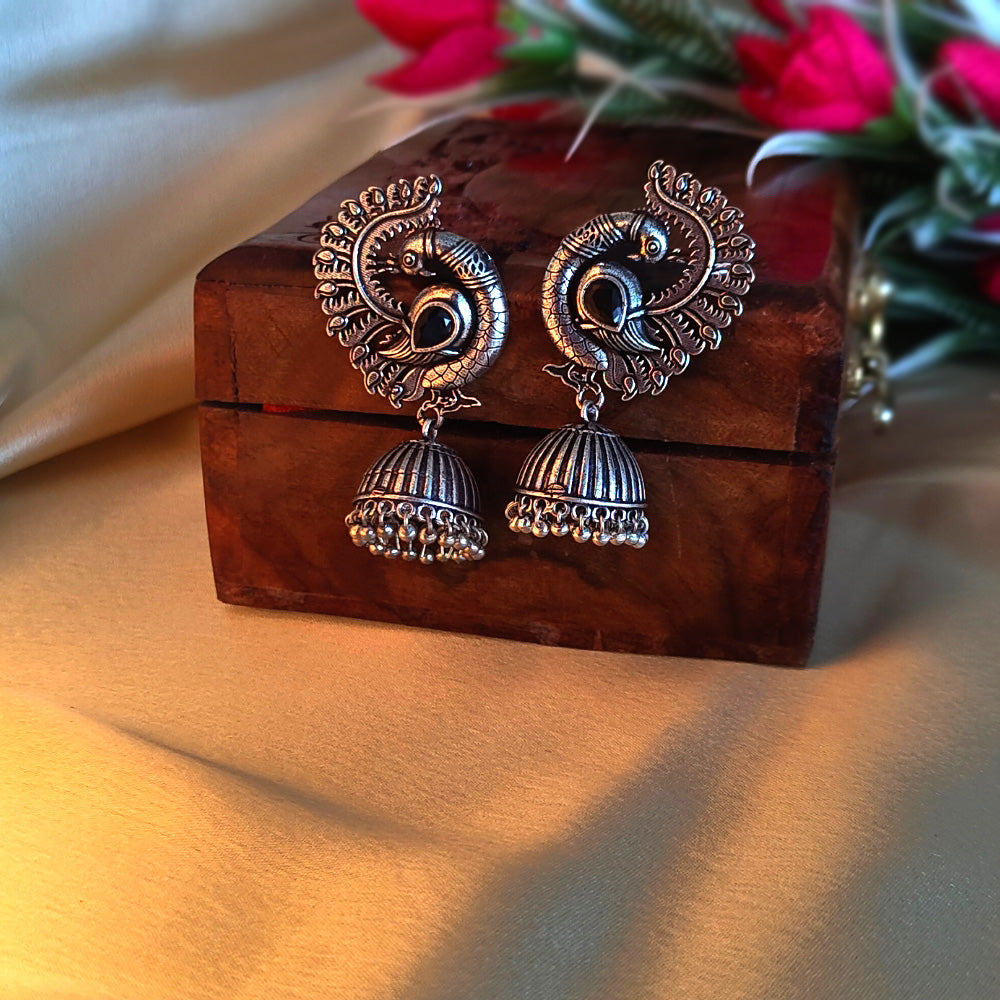 Antique Silver Peacock Jhumka Earrings - Traditional Indian Ethnic Jewelry