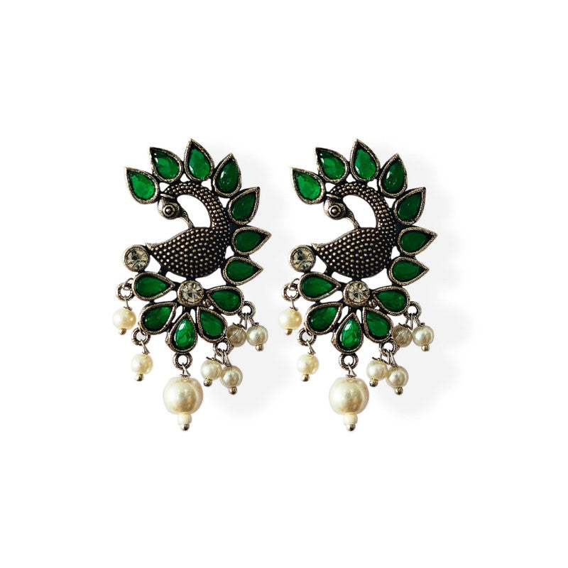 Green Peacock Earrings with Pearl Drops - Traditional Indian Ethnic Jewelry