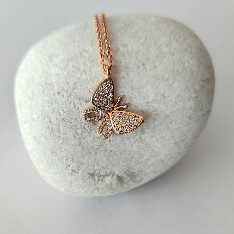 Butterfly Rose Gold Pendant Necklace with Diamond Accents