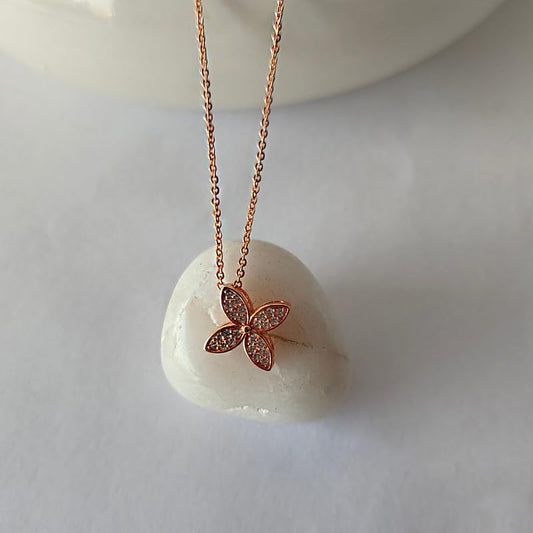 Flower Rose Gold Pendant Necklace with Diamond Accents