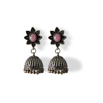 Pink Stone Floral Jhumka Earrings - Traditional Indian Ethnic Jewelry