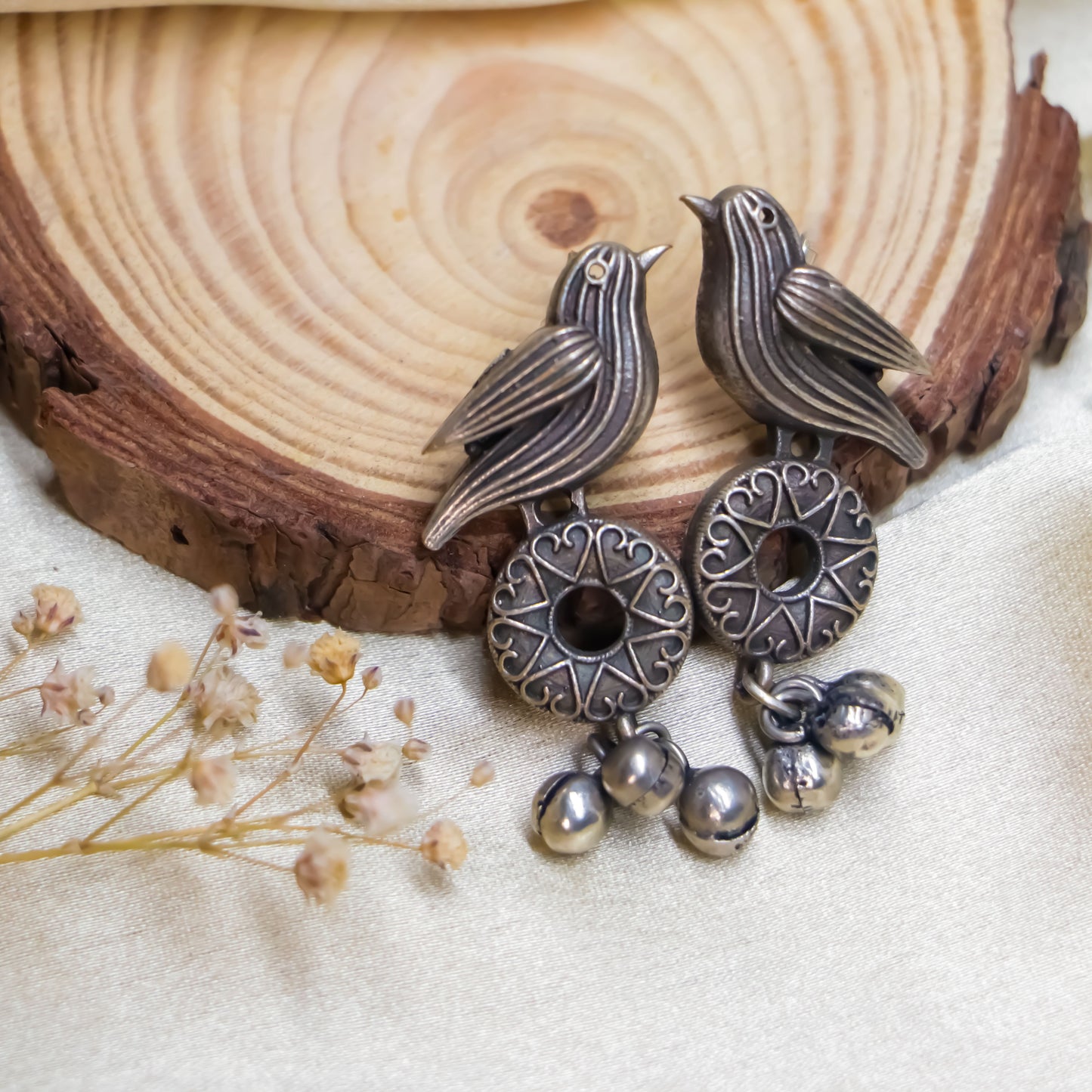 Antique Silver Bird and Floral Stud Earrings