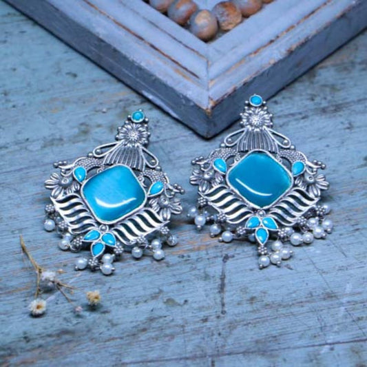 Handcrafted Oxidized Blue Square Stone Earrings