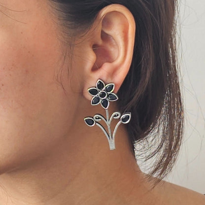 Black Floral Earrings with Silver Accents - Elegant Handmade Jewelry