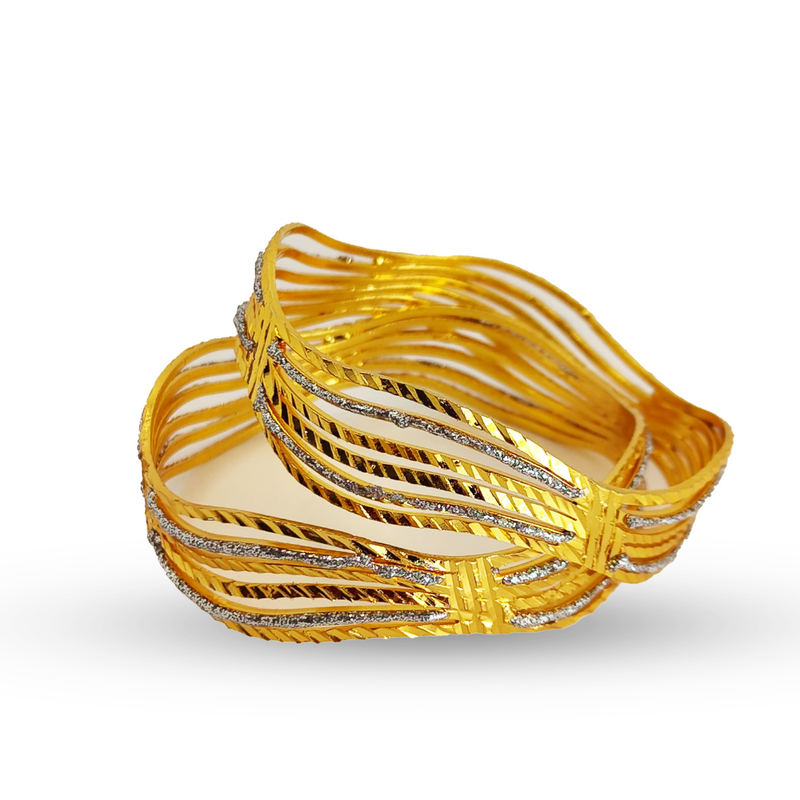 Gold-Plated Wavy Bangles with Intricate Detailing and Sparkling Accents for Elegant Occasions