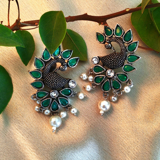 Green Peacock Earrings with Pearl Drops - Traditional Indian Ethnic Jewelry