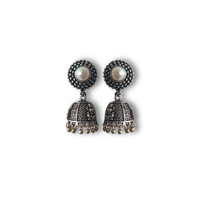 Pearl and Silver Jhumka Earrings - Traditional Indian Ethnic Jewelry