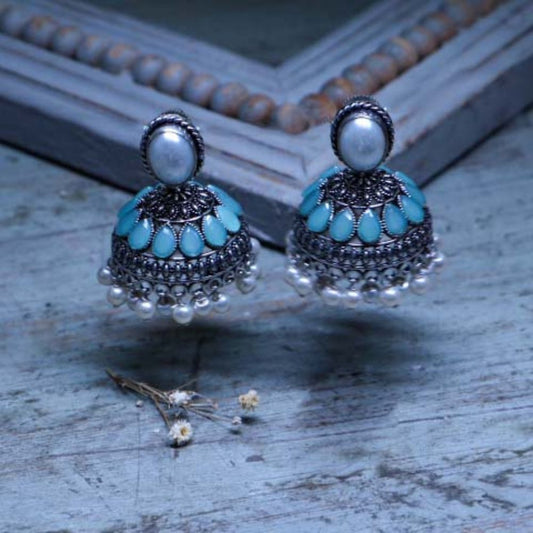 Handcrafted Oxidized Blue Jhumka Earrings